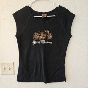 Harley Davidson Black Tee Shirt Women Size XL Metallic Gold Motorcycle Logo